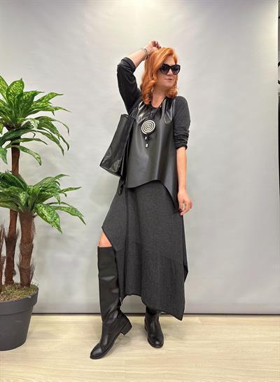 MNS 1212 ASİMETRİK ELBİSE KOLYE HEDİYELİ (DERİ YELEK HARİÇTİR)