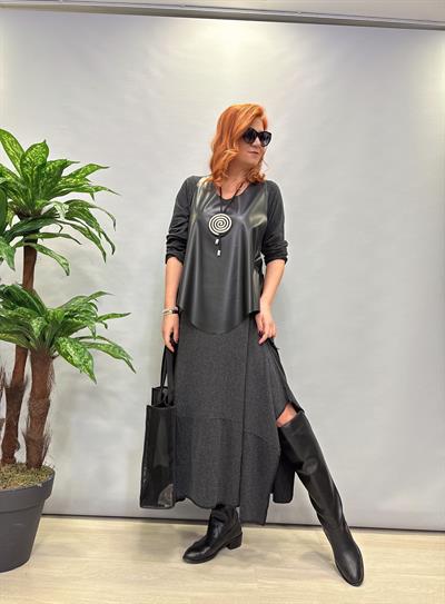 MNS 1212 ASİMETRİK ELBİSE KOLYE HEDİYELİ (DERİ YELEK HARİÇTİR)