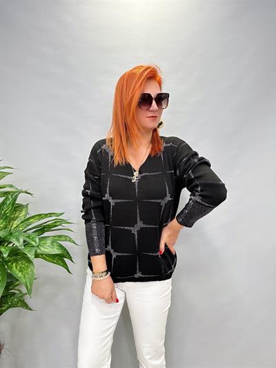 MNS 21080 V YAKA SİMLİ KOL DETAY TRİKO SİYAH