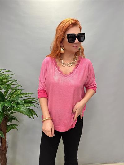 MNS 2545 DANTEL YAKA DETAYLI İTALYAN BLUZ PEMBE