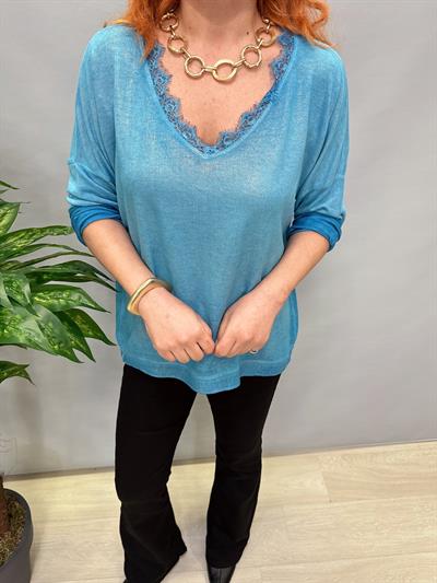 MNS 2545 DANTEL YAKA DETAYLI İTALYAN BLUZ MAVİ