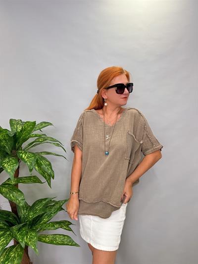 MNS 3060 FİLE DETAY PAMUKLU BLUZ  VİZON