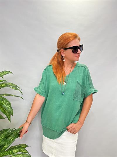 MNS 3060 FİLE DETAY PAMUKLU BLUZ  YEŞİL 