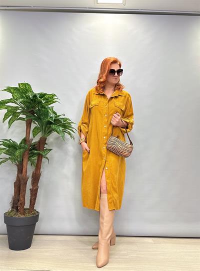 MNS 3159 İTALYAN ŞÖNİL KADİFE ELBİSE HARDAL