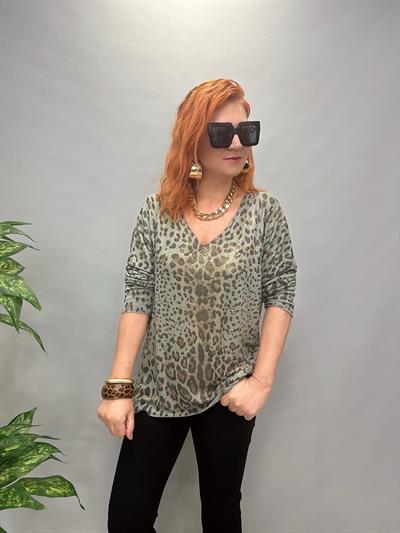 MNS 3545 İTALYAN İNCE TRİKO BLUZ LEOPAR YEŞİL