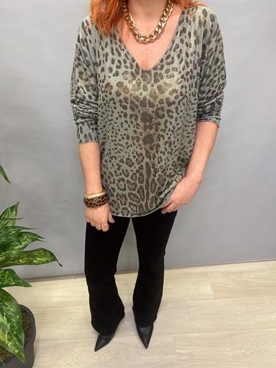MNS 3545 İTALYAN İNCE TRİKO BLUZ LEOPAR YEŞİL