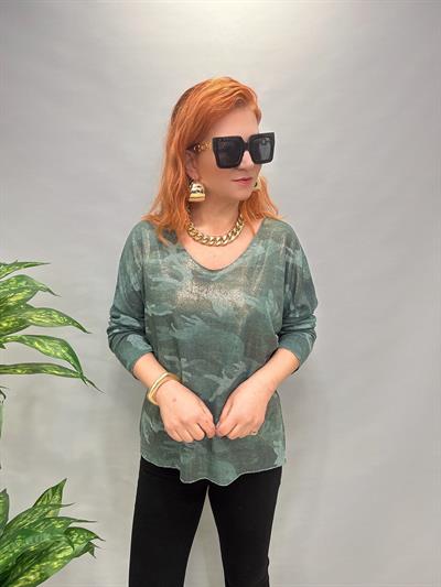 MNS 3547 İTALYAN İNCE TRİKO BLUZ KAMUFLAJ HAKİ YEŞİL