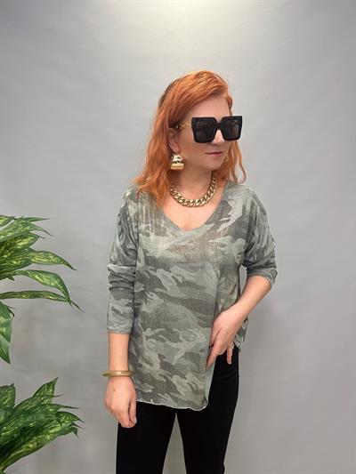 MNS 3547 İTALYAN İNCE TRİKO BLUZ KAMUFLAJ AÇIK YEŞİL