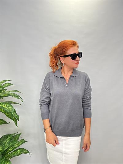 MNS 5058 YAKA TAŞ DETAY SOFT TOUCH BLUZ GRİ 42 BEDENE KADAR UYUMLUDUR 