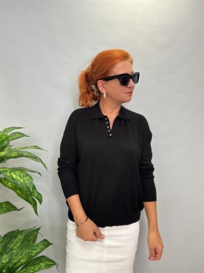 MNS 5058 YAKA TAŞ DETAY SOFT TOUCH BLUZ SİYAH 42 BEDENE KADAR UYUMLUDUR 