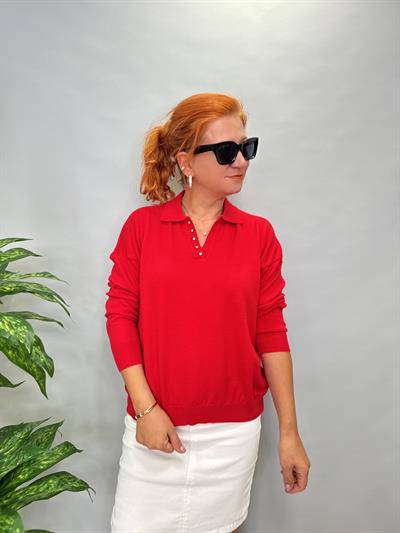 MNS 5058 YAKA TAŞ DETAY SOFT TOUCH BLUZ KIRMIZI 42 BEDENE KADAR UYUMLUDUR 
