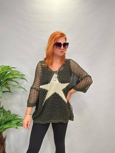 MNS 5083 İTALYAN YILDIZ DETAY FİLE BLUZ 46 BEDENE KADAR UYUMLUDUR HAKİ