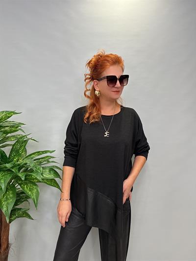 MNS 5084 ASİMETRİK DERİ DETAY ÇİLEK TRİKO BLUZ 46 BEDENE KADAR UYUMLUDUR 