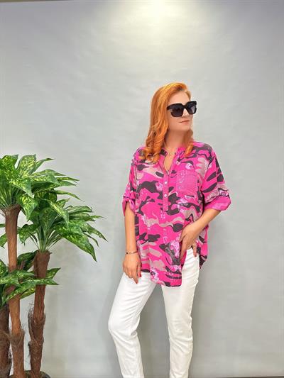 MNS 6510  İTALYAN KAMUFLAJ DESEN PAYET DETAY  BLUZ  46 BEDENE KADAR UYUMLU  FUŞYA 