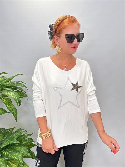 MNS 6511 İTALYAN LİKRALI YUMUŞAK YILDIZ TAŞ DETAY BLUZ 46 BEDENE KADAR UYUMLU BEYAZ