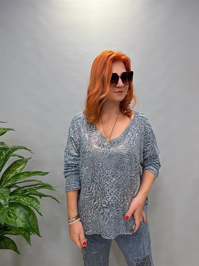 MNS 7575 İTALYAN KENDİNDEN VARAKLI BLUZ MAVİ