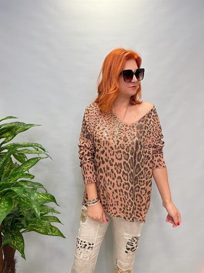 MNS 7576 İTALYAN KENDİNDEN VARAKLI LEOPAR BLUZ ŞEFTALİ