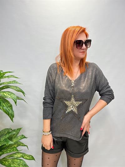 MNS 7616 İTALYAN YILDIZ VARAK DETAY BLUZ GRİ 44 BEDENE KADAR UYGUNDUR