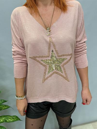 MNS 7616 İTALYAN YILDIZ VARAK DETAY BLUZ PEMBE  44 BEDENE KADAR UYGUNDUR