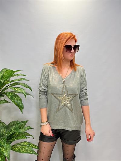 MNS 7616 İTALYAN YILDIZ VARAK DETAY BLUZ YEŞİL 44 BEDENE KADAR UYGUNDUR