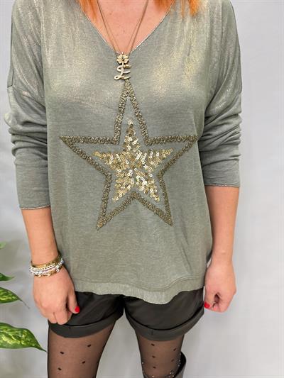 MNS 7616 İTALYAN YILDIZ VARAK DETAY BLUZ YEŞİL 44 BEDENE KADAR UYGUNDUR