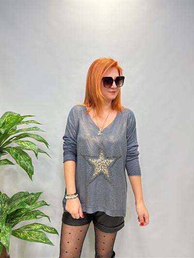 MNS 7616 İTALYAN YILDIZ VARAK DETAY BLUZ MAVİ 44 BEDENE KADAR UYGUNDUR