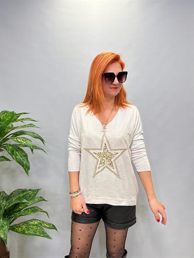 MNS 7616 İTALYAN YILDIZ VARAK DETAY BLUZ TAŞ 44 BEDENE KADAR UYGUNDUR
