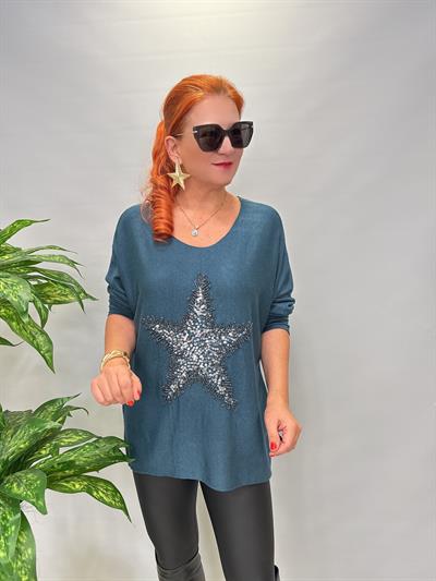 MNS 86511 İTALYAN LİKRALI YUMUŞAK YILDIZ PAYET DETAY BLUZ  46 BEDENE UYUMLU Petrol