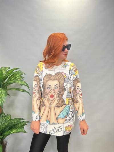 MSN 5067 DİJİTAL BASKI TRİKO BLUZ WOW YAZI DETAY 44 BEDENE KADAR UYUMLUDUR 