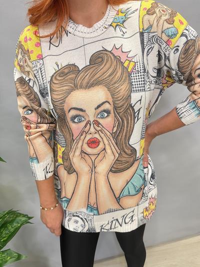 MSN 5067 DİJİTAL BASKI TRİKO BLUZ WOW YAZI DETAY 44 BEDENE KADAR UYUMLUDUR 