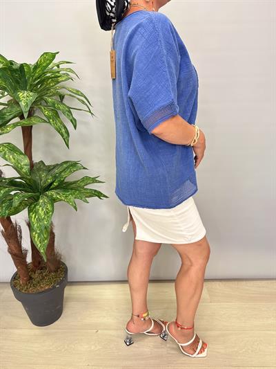 PMK 4046 Payetli Çiçek Detay Pamuklu Bluz Mavi