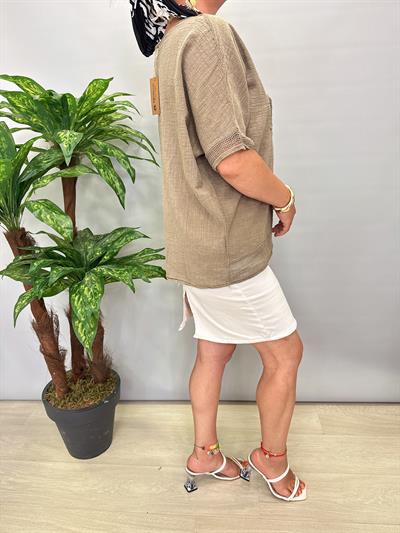 PMK 4046 Payetli Çiçek Detay Pamuklu Bluz Vizon