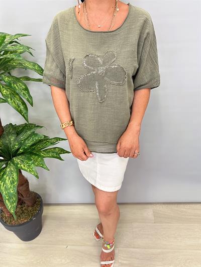 PMK 4046 Payetli Çiçek Detay Pamuklu Bluz Haki