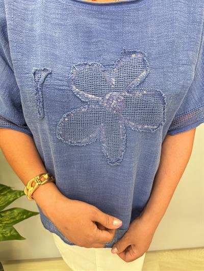 PMK 4046 Payetli Çiçek Detay Pamuklu Bluz Mavi