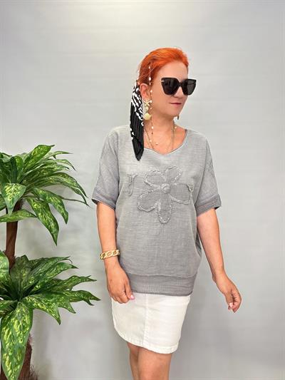 PMK 4046 Payetli Çiçek Detay Pamuklu Bluz Gri