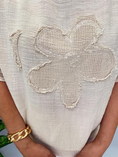 PMK 4046 Payetli Çiçek Detay Pamuklu Bluz Taş