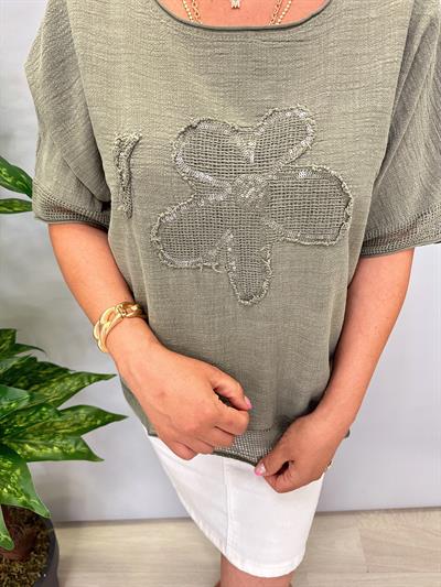 PMK 4046 Payetli Çiçek Detay Pamuklu Bluz Haki