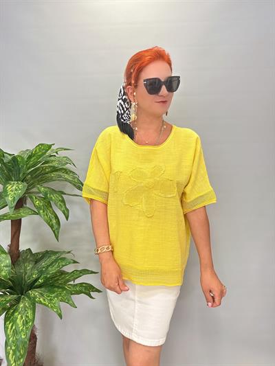 PMK 4046 Payetli Çiçek Detay Pamuklu Bluz Sarı