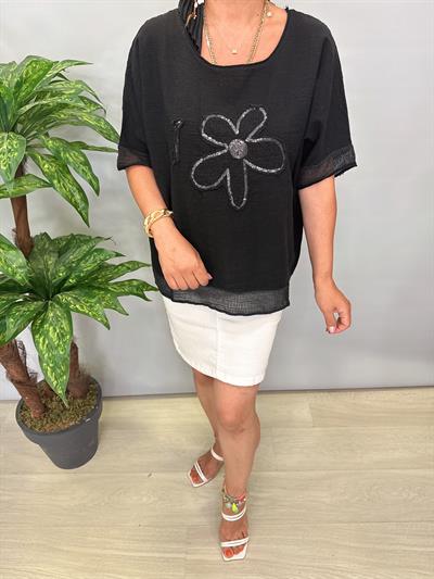 PMK 4046 Payetli Çiçek Detay Pamuklu Bluz Siyah