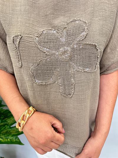 PMK 4046 Payetli Çiçek Detay Pamuklu Bluz Vizon