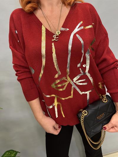 R 3251 V YAKA SİLÜET DETAY ANGORA KAZAK BORDO