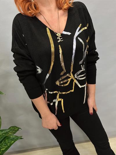 R 3251 V YAKA SİLÜET DETAY ANGORA KAZAK SİYAH