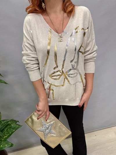 R 3251 V YAKA SİLÜET DETAY ANGORA KAZAK EKRU