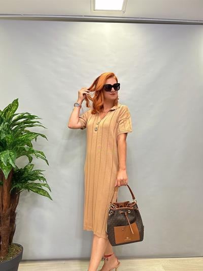 WH022  POLO YAKA  TRİKO ELBİSE  42 BEDENE KADAR UYUMLUDUR  VİZON   boyum 1.64