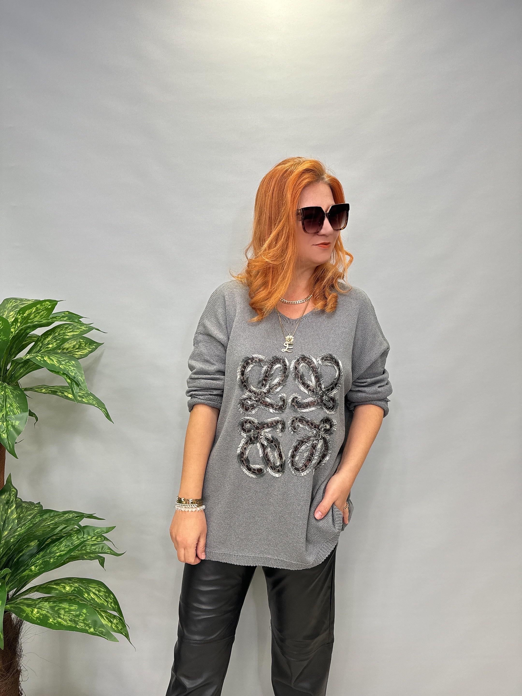 0016 V YAKA LEOPAR DETAY TRİKO GRİ