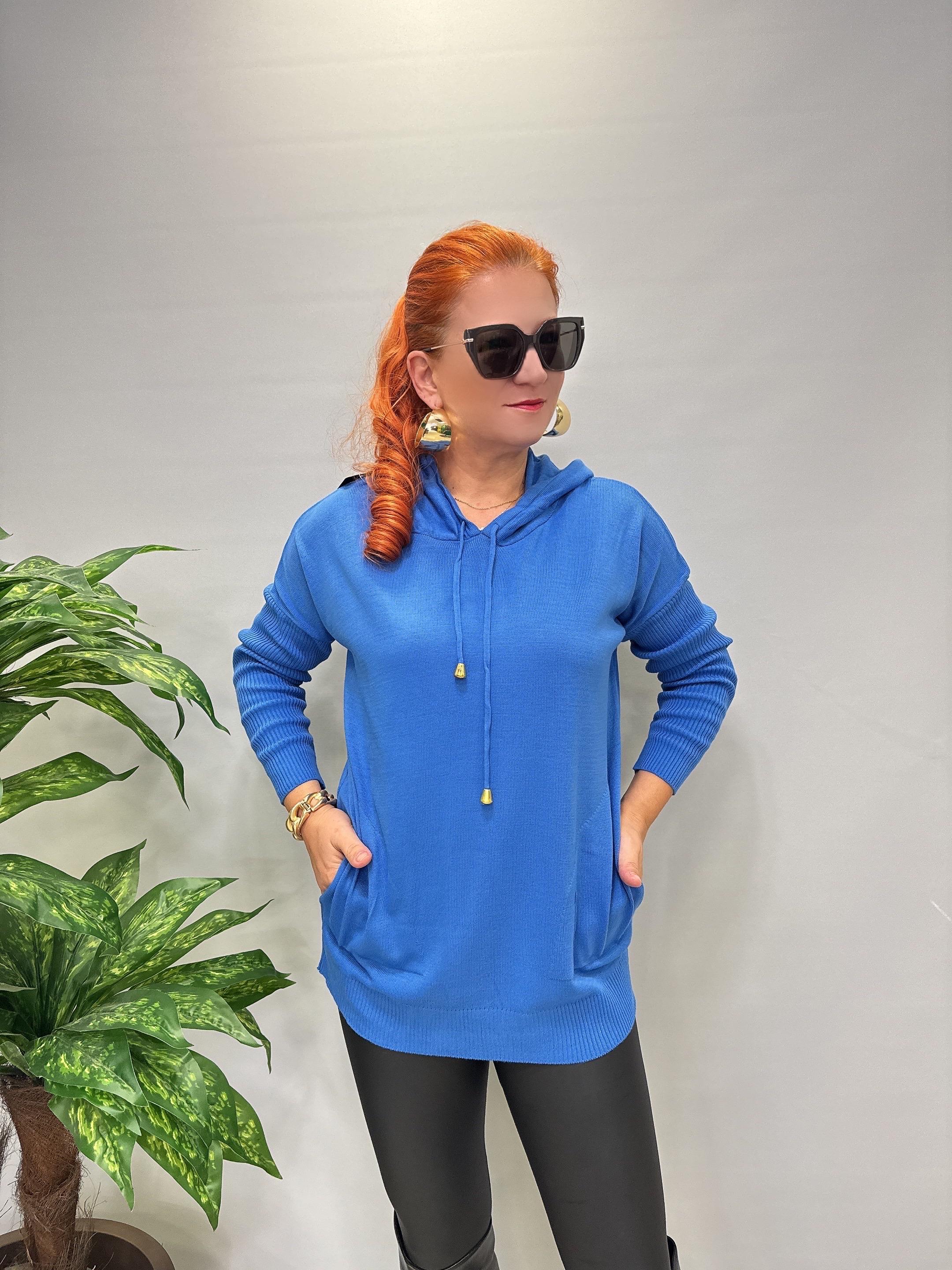 0711 Kapşonlu Triko Mavi