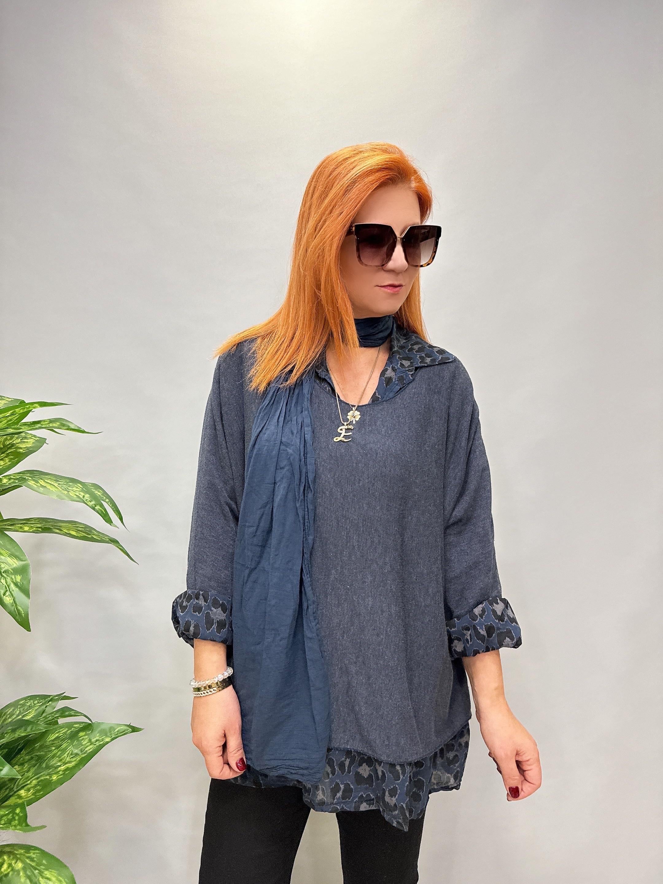 0909 İTALYAN FULAR DETAY GÖMLEKLİ TRİKO MAVİ