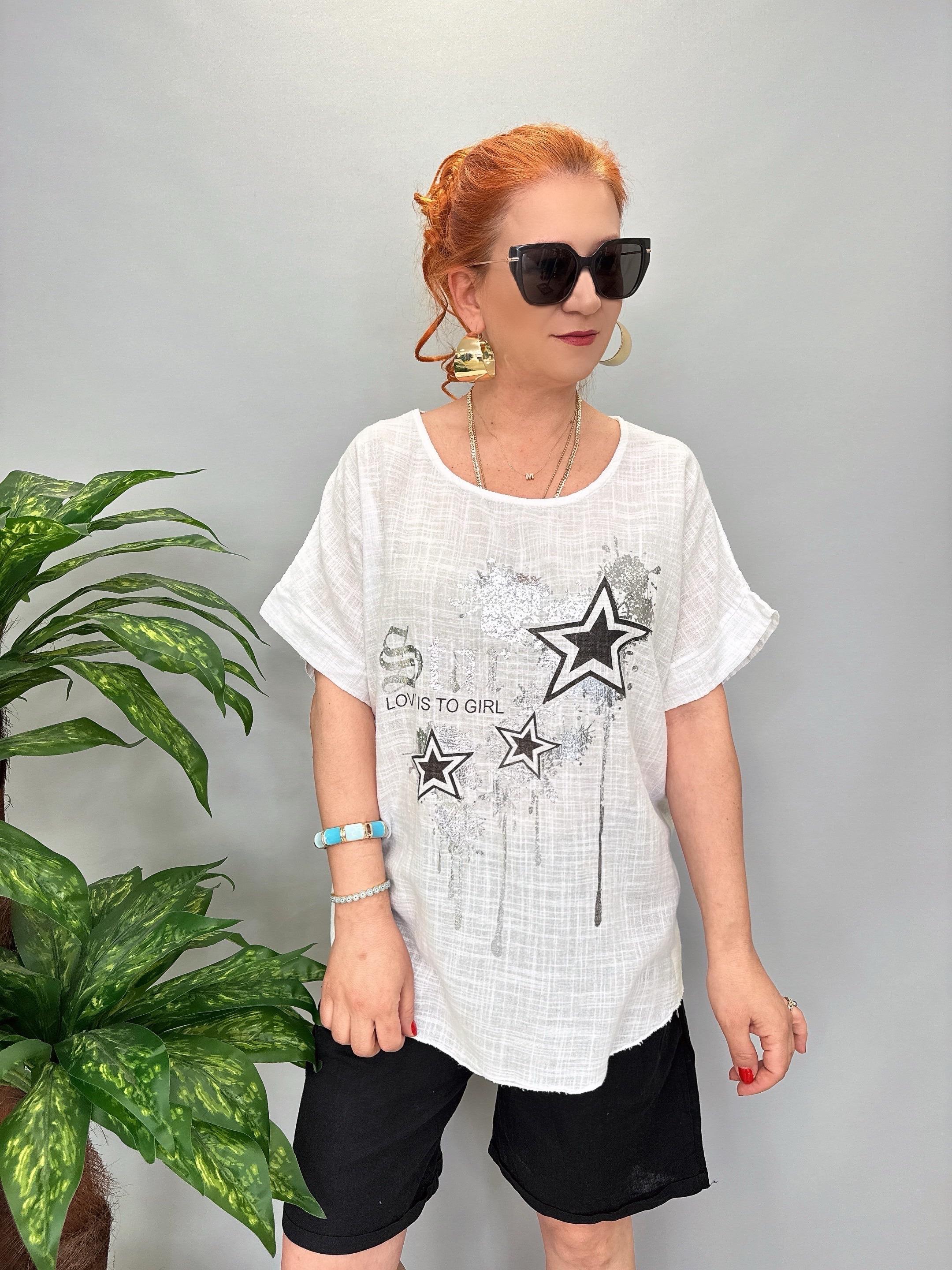 1010 Italyan Desenli Bluz Beyaz