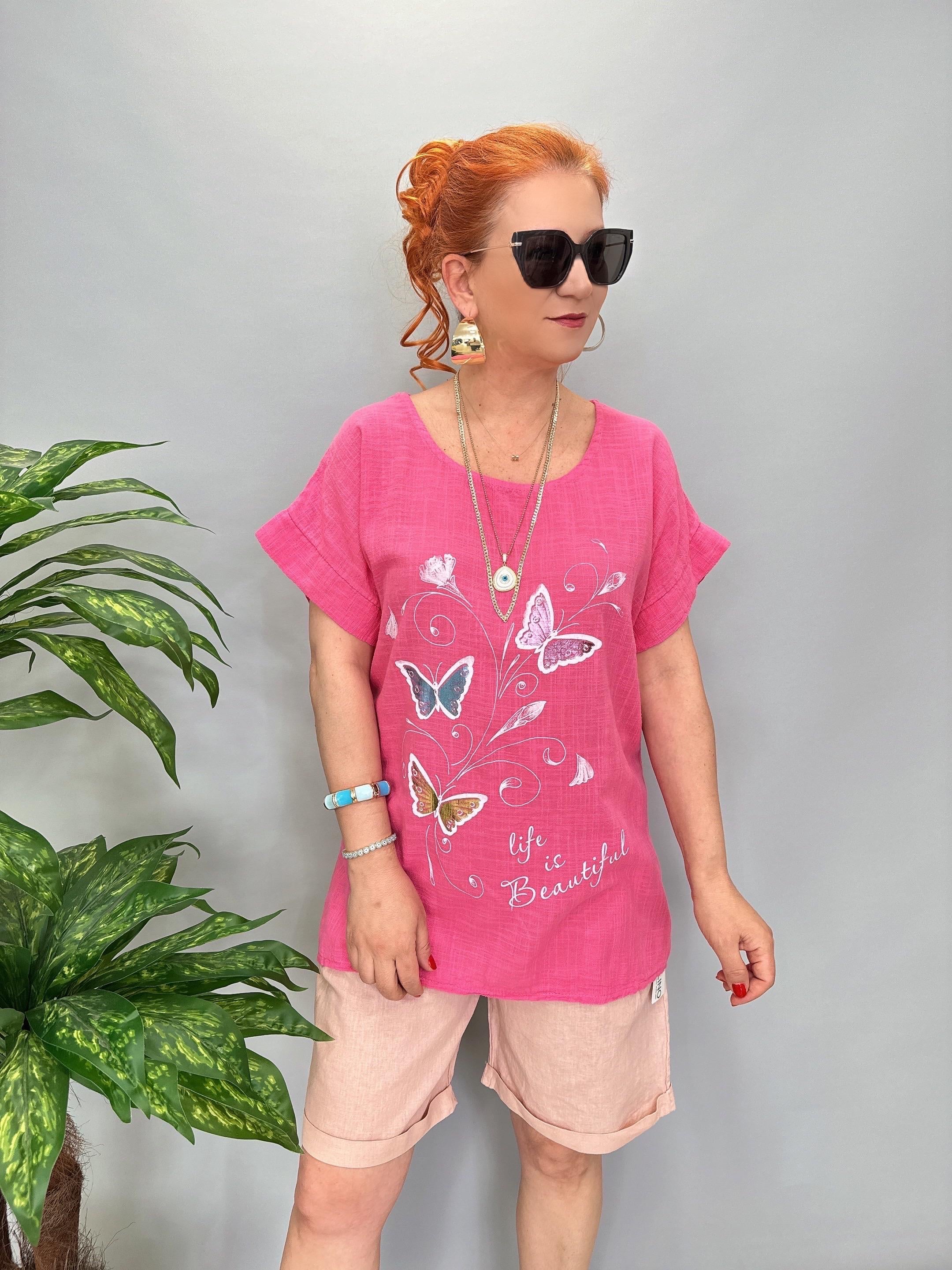 1010 Italyan Desenli Bluz Pembe