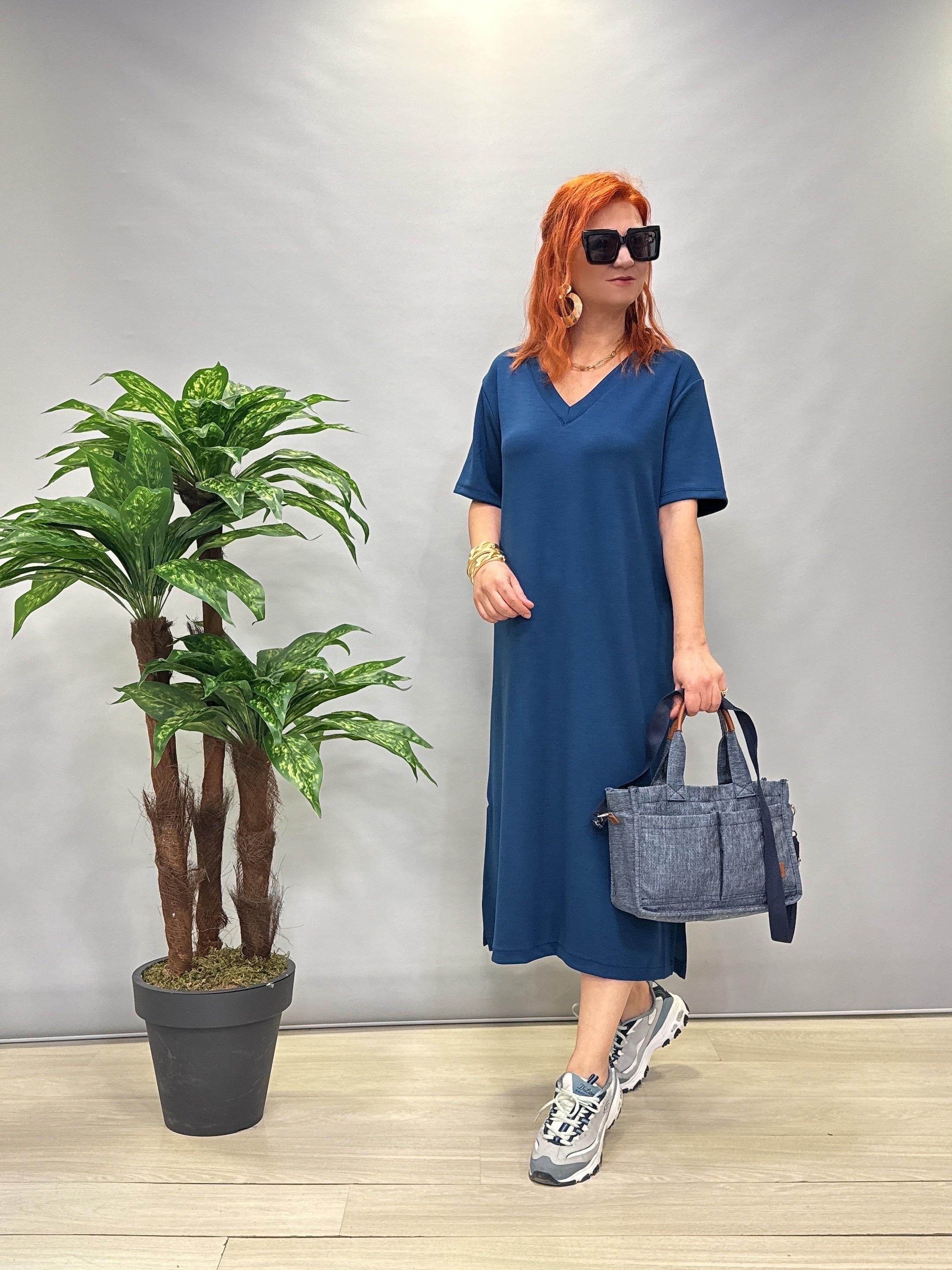 115 LİKRALI V YAKA MODAL ELBİSE İNDİGO MAVİ